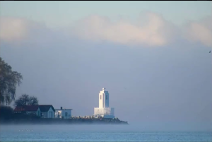 Browns Point Lighthouse in the fog